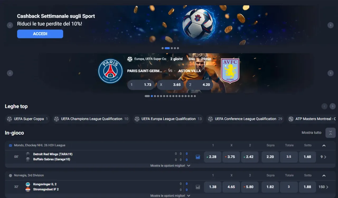 Tabella sport calcio tennis basket con quote live